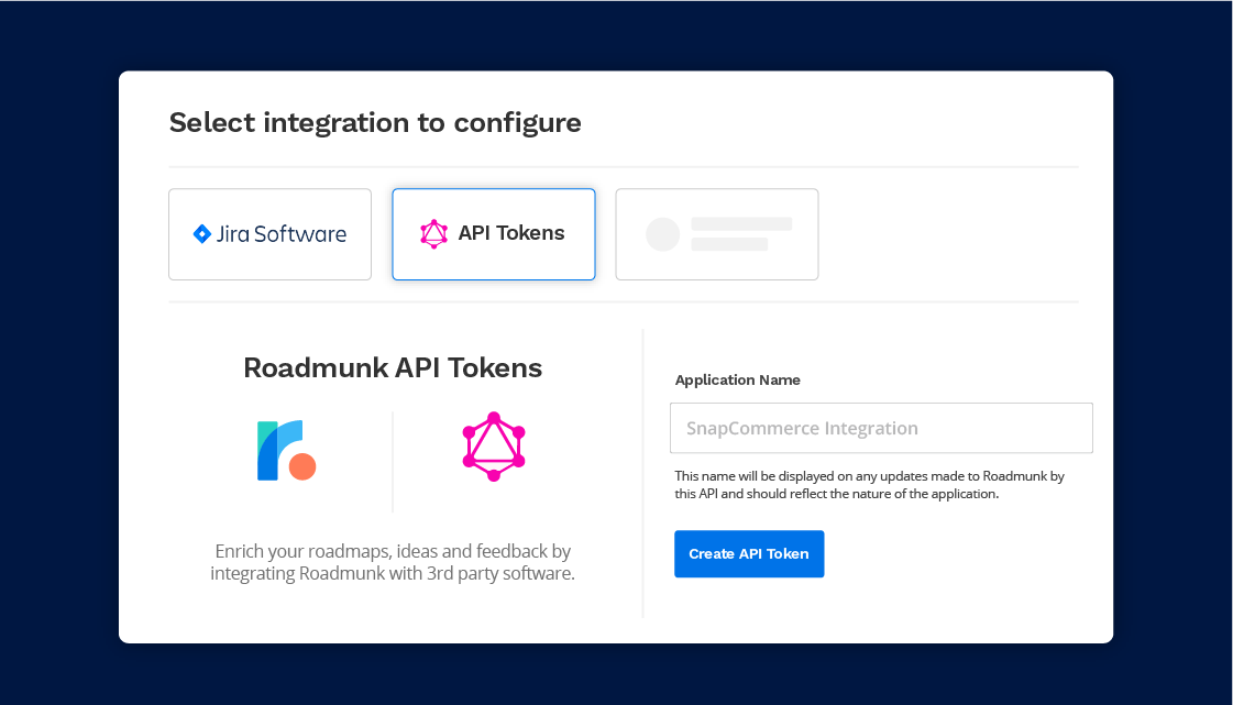 Integrations screen with API Token button selected