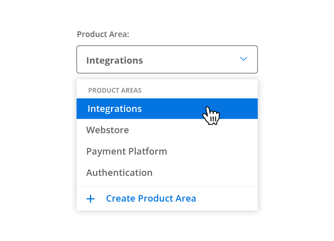 Product area dropdown for tagging customer feedback with Integrations Product Area