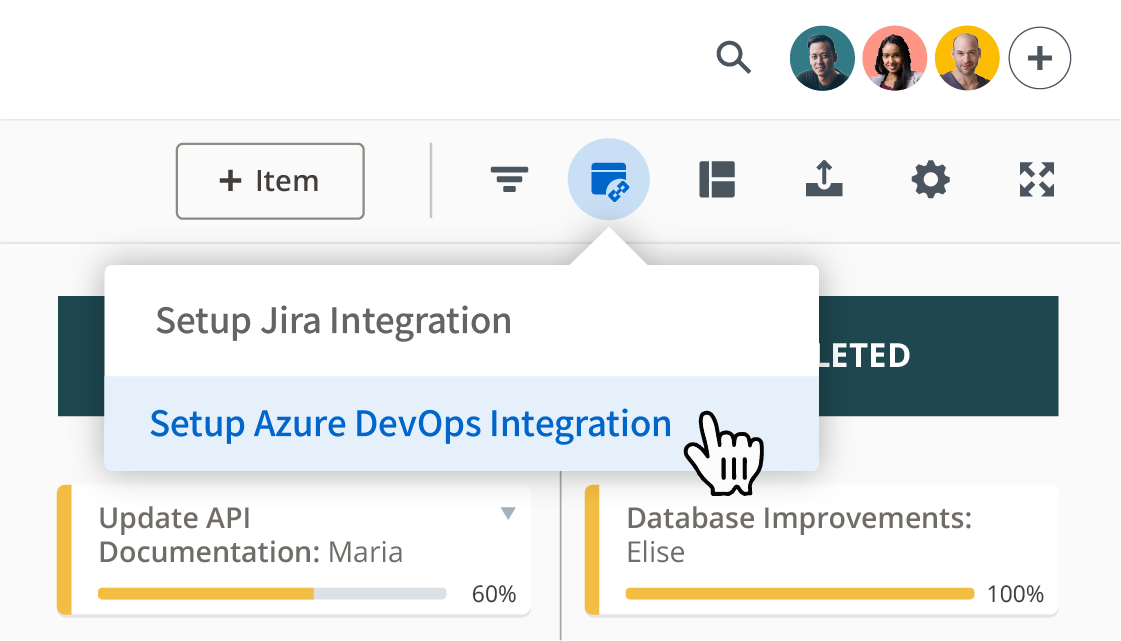 Integrations dropdown menu in Roadmunk with Setup Azure DevOps Integration highlighted
